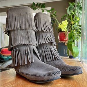 Grey, Minnetonka Fringe Boots. 7.5